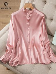 Women's Blouses Birdtree 93%Mulberry Silk OL Style Shirt Stretch Plain Crepe Satin Simple Long Sleeve Stand Collar Commute Top T39117QD