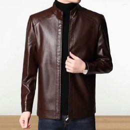 Men's Jackets Solid Colour Men Jacket Stylish Faux Leather Stand Collar Warm Windproof For Autumn/winter Motorcycle Riding