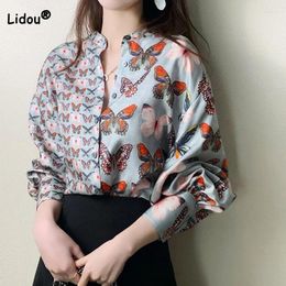 Women's Blouses Spring Autumn Female Clothing Butterfly Print Chiffon Lantern Long Sleeved Shirt Korean Stand Collar Patchwork Button