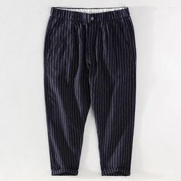 Men's Pants 2023 Spring Autumn Men Striped Cotton Linen Breathable Cropped Elastic Waist Casual Trousers Retro Workwear