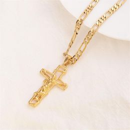 18 k Solid Fine Yellow Gold Filled Jesus Crucifix Cross Pendant Frame Italian Figaro Link Chain Necklace 60cm 3mm256W