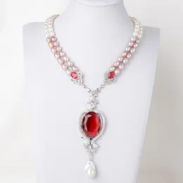 Chains 19'' 2 Strands Cultured White /Pink/Purple Pearl Red Crystal Keshi Pendant Necklace