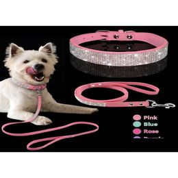 Dog Collars Leashes Adjustable Suede Leather Puppy Collar Leash Set Soft Rhinestone Small Medium Dogs Cats Walking Pink Xs S M8509 Dh4Ow