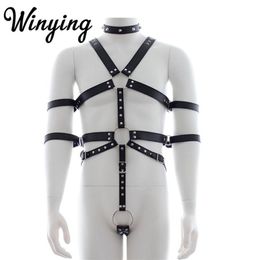 Sexy Men's PU Leather Full Body Adjustable Harness Belts Restraints Set Male Erotic Straps Gay Costume BDSM Bondage Bras Sets261G