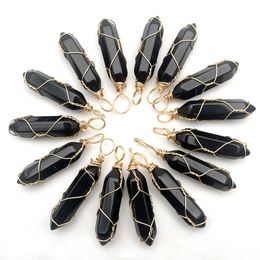 Natural stone crystal pillar charms Black Onyx Copper Wire Obsidian pendants for Jewellery making necklace earrings