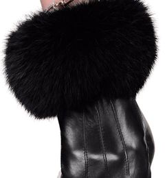 Winter black sheepskin Mittens Leather Gloves For Women Rabbit Fur Wrist Top Sheepskin Gloves Black Warm Female Driving Gloves 2013108781