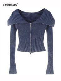 Women s Sweaters 2023 Autumn Y2K Knitted Women Cardigan Sweater Wrist Sleeve Slim Turn Down Up Collar Double Zippers Female Crop Top C 192 231016