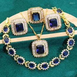 Necklace Earrings Set Blue Zircon Gold Colour Jewellery For Women Wedding Bracelet Pendant Ring Lady Party Gift Dubai