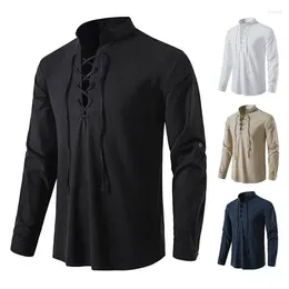 Men's Casual Shirts Retro Bandage Style Long-sleeved Top Mediaeval Lace Up Stand Collar Shirt Black White Solid Male Clothing