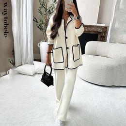 Women's Two Piece Pants Waytobele Women Set Autumn Casual Solid Line Knitted Decoration Long Sleeve Single Breasted Button Top Loose