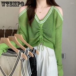 Women's Sweaters Knitted Sunscreen Shirt Thin Autumn Long-sleeved V-neck Drawcord Hollow-out Design Short Suspender Jacket Drop