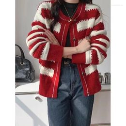 Women's Knits Fashion Single Breasted Short Sweater Coat Casual Long Sleeved Jacket Autumn Black White Striped Knitted Cardigan 29201