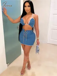 Work Dresses Joskaa Sexy High Stretch Cowboy 2 Piece Sets Women Outfits Blue Bikini Tops And Bandage Mini Skirt Match Summer 2023 Streetwear