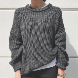 Women's Sweaters Knitted Sweater Cozy Stylish Fall Winter Loose Fit Round Neck Long Sleeve Solid Color Thick Casual Soft