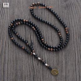 Men Necklace Quality 6MM Black Agate Wood Beads with Tree Pendant Mens Rosary Necklace Wooden Beads Mens jewelry227a