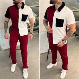 Men's Tracksuits Male Summer Tracksuit Streetwear Sports Two Piece Men Clothing Casual Contract Colour Short Sleeve Polo Shirt And Long Pants