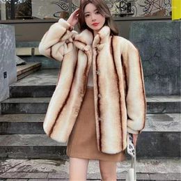 Women's Fur Winter Fashion Mid Length Standing Collar Long Sleeve Retro Loose Thickened Warm Imitation Mink Coat For Women Trend