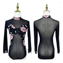 Stage Wear Sexy Perspective Mesh Latin Dance Tops For Women Floral Long Sleeved Exercise Clothes With Chest Pad Costumes DQS14414