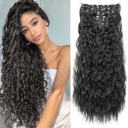 Synthetic Wigs 6 Piece Clip Type 16 22Inch Water Wave Hair Piece Long Mermaid Wavy Fiber Women s 1B 231013