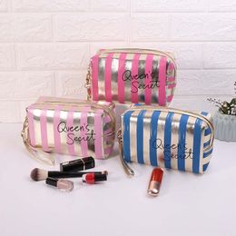 Stripe PU Leather Waterproof Cosmetic Storage Bags 18.5*8*11cm Fashion Durable Women Zipper Pouch For Travel Skincare Makeup Lipstick Eye Shadow Phone Wash Bag Cases