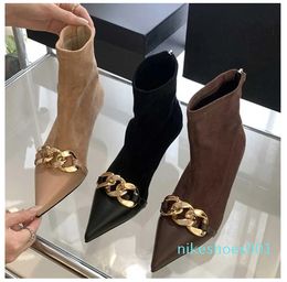 Fashion Chain Women Ankle Low Thin Heels Pointed Toe Pumps Shoes Zip Chelsea Short Bootties Zapatos De