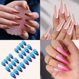 False Nails VITAGWX 24 Pcs/Set Solid Colour Metallic Unique Fake Gradual Press On Nail Tips Reusable Jelly Sticker Art