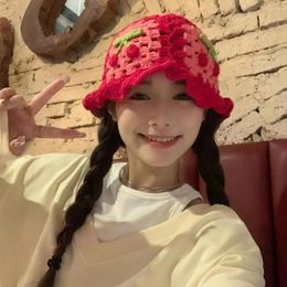 Berets Knitted Bucket Hat Stylish Cherry Crochet For Women Handmade Beanie Cap Spring Autumn Beach Vacations