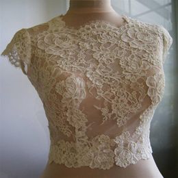 High Quality Lace Wedding Shawls Short Sleeves Bridal Bolero Jewel Neck Custom Made Wedding Wraps Shrugs Buttons Back Stole 266W