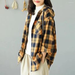 Women's Blouses Spring Autumn Plaid Shirt Women Hooded Button Up Female Ladies Loose Chequered Top For D228