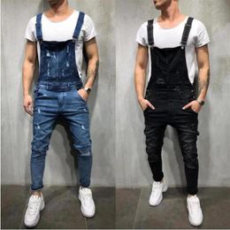 E-Baihui 2021 Europe America Style Hole Loose Overalls Jeans Long Pants Men's Denim Jeans High Quality Sling Black Trousers 2311D