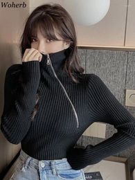 Women's T Shirts Korean Autumn Winter Pullovers For Women Tunic Long Sleeve Zipper Jumper Y2k Tops Solid Fashion Sexy Knitted Turtleneck