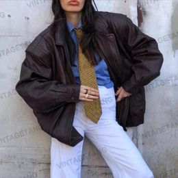 Women's Leather Jacket 2023 Vintage Street Style Brown Lapel Loose Faux Coat