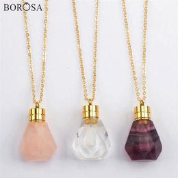 Natural Fluorite Perfume Bottle Necklace in Gold Crystal Pink Quartz Essential Oil Diffuser Pendant Charm for Women G1979288P