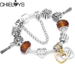 Charm Bracelets CHIELOYS Silver Color Love Heart Beads Colorful Cute Feather Bangles For Women Wife Jewelry DIY Making Gift353G