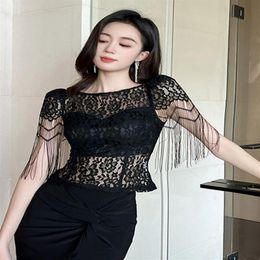 Women's Sweaters French Chic Elegant T-shirt Black Perspective Tassel Sleeves Tops Sexy Lace Blouse Hook Floral Tees Party Pr2490