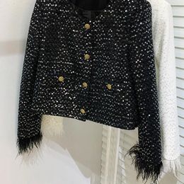 Women's Jackets 2023 Autumn Black White Sequins Feather Fringed Jacket Runway Designer Women O-neck Gold Single Breasted Tops Lady High-end