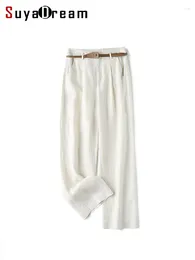 Women's Pants SuyaDream Woman Long Wide Leg Linen Blend Solid Belt Waist Full Length Trousers 2023 Spring Summer Office Lady Bottoms