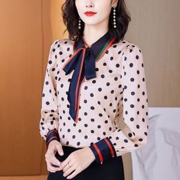 Vintage Silk Polka Dot Blouses for Woman Designer Ribbon Bow Runway Satin Blouse Autumn Winter Long Sleeve Elegant Pink Tops 2023 Office Ladies Casual Versatile Top