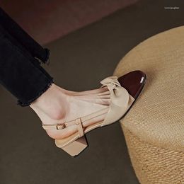 Sandals 2023 Spring/Summer Full Leather Thick Heel Round Head Bow Buckle Wrap Back Hollow Women's Retro Small Fragrant High