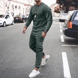 Men's Tracksuits 2023 Autumn Clothing Suit Solid Colour Simple Casual Long Sleeve Round Neck T Shirt And Trousers Sports Two-piece Set