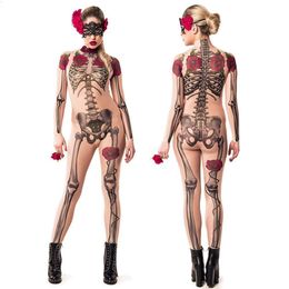 Rose Skeleton Jumpsuit Woman Halloween Costumes Women Skin Horror Human Skeleton Print Ghost Day Cosplay Party Leggings Mujer