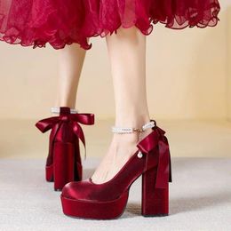 Dress Shoes LLUUMIU Women High Heels Mary Jane Party Wedding Cosplay White Red Lace Ruffles Bow Princess Lolita Pumps Size 34-40