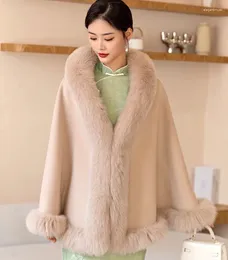 Scarves CX-B-P-88 Gorgeous Warm And Furry Real Fur Trimmed Hooded Wool Poncho Shawl