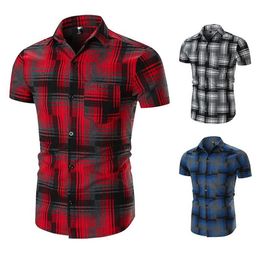 Men's Dress Shirts Stripe Plaid Short Sleeve Shirt Men Pocket Design Casual Fashion Large Size M-2XL227S