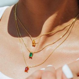 Pendant Necklaces Ins Simple Square Zircon Necklace Retro Emerald Titanium Steel Gold-plated Clavicle Chain Wild287g