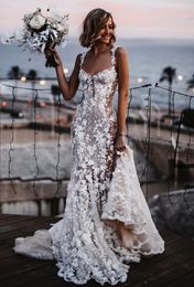 Boho Floral Lace Mermaid Wedding Dresses Spaghetti Straps Long Sexy Bridal Gowns Illusion Court Train Luxury Bohemian Beach Bride Dress