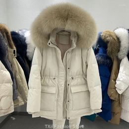 Women's Trench Coats 2023 White Duck Down Coat Winter Women Fashion Hooded Real Fur Collar Thicken Warm Feather Clothing Female Parka