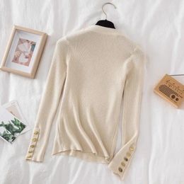 Women's Sweaters 2023 Autumn/Winter Long Sleeve Slim Pullover Fashion Half High Neck Knitted Sweater Casual Button White Tops Sueters Mujer