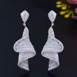 Luxury Jewelry Dangle Earrings Handmade Sparkling 925 Sterling Silver Full Princess Cut White Topaz CZ Diamond Gemstones Women Par216b