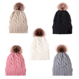 New Winter Knitted Beanie Hats With Fur Pompom Ball For Women Thickened Warm Plush Cap Female Outdoor Skullies Ski Bonnet